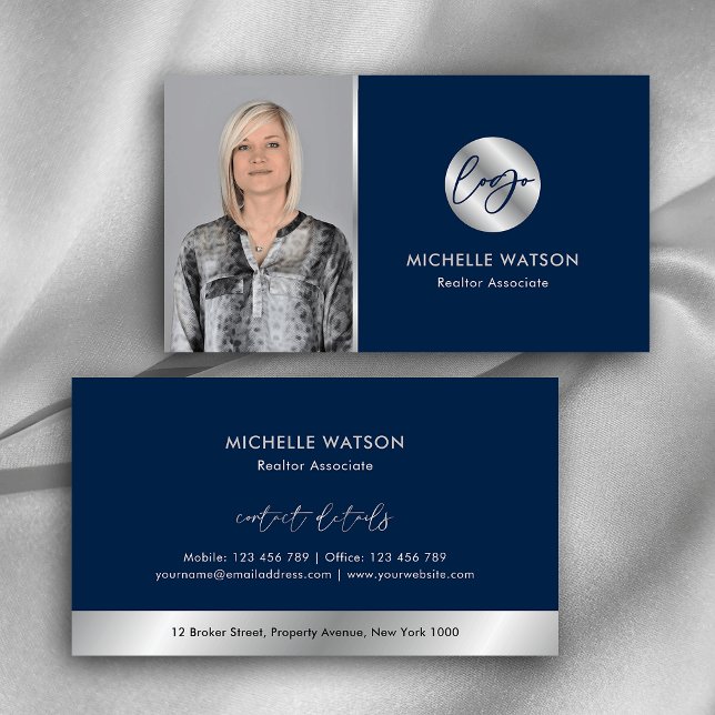 Navy & Silver Logo Modern Real Anwesen Notar Foto Visitenkarte (Modern navy and silver photo business cards with metallic chrome effects and dark blue background)