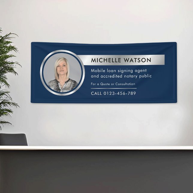 Navy & Silver Promotions Corporate Business Foto Banner (Corporate chrome silver effect and navy blue background photo promotional fabric banner)
