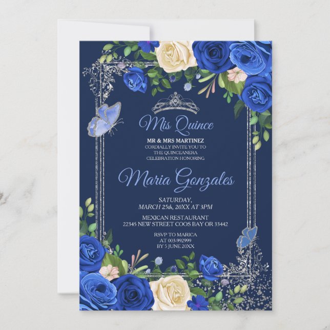 Navy Silver Quinceanera mexikanische Girl 15. Gebu Einladung (Vorderseite)