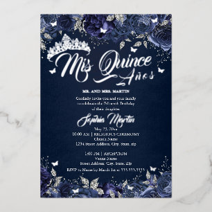 Navy Silver Rose Mis Quince Quinceanera Folieneinladung