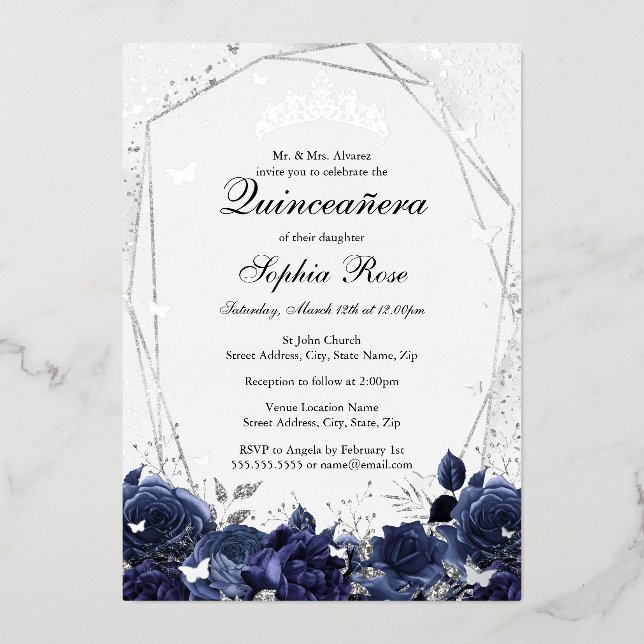 Navy Silver Sparkle Blume Tiara Quinceanera Folieneinladung (Vorderseite)