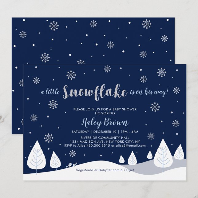 Navy & Silver Winter Wonderland Boy Baby Dusche Einladung (Vorne/Hinten)
