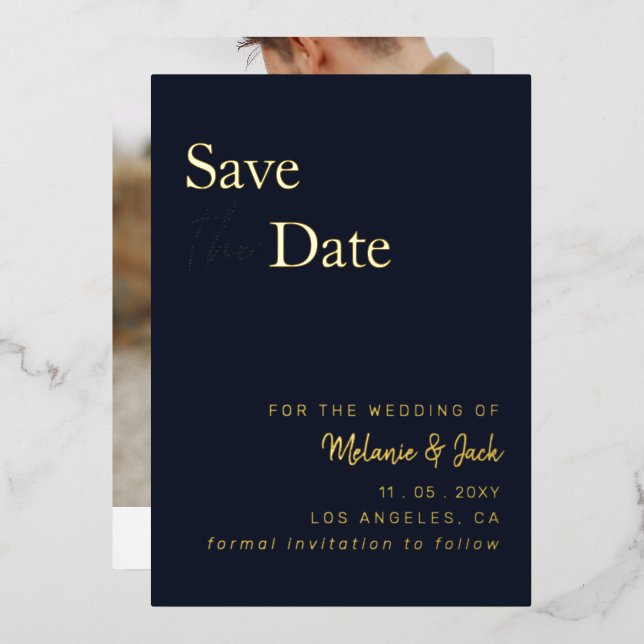 Navy Simple Calligraphy Foto Save the Date Folieneinladung (Vorderseite/Rückseite)