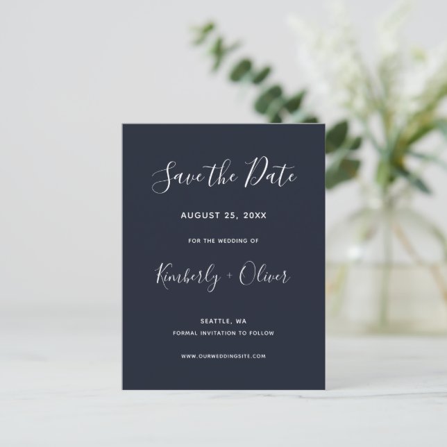 Navy Simple Calligraphy Modern Wedding Ankündigungspostkarte (Stehend Vorderseite)
