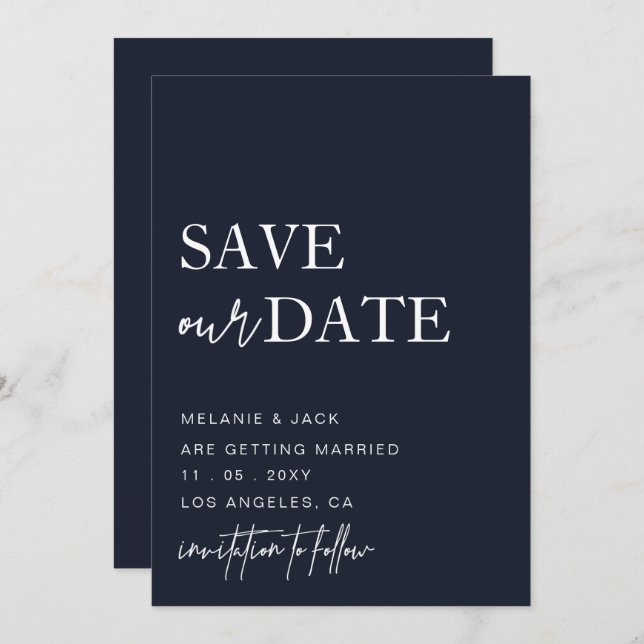 Navy Simple Calligraphy Save the Date (Vorne/Hinten)