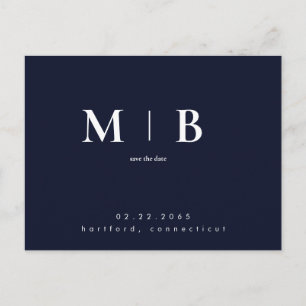 Navy Simple Contemporary Monogram Save the Date Postkarte