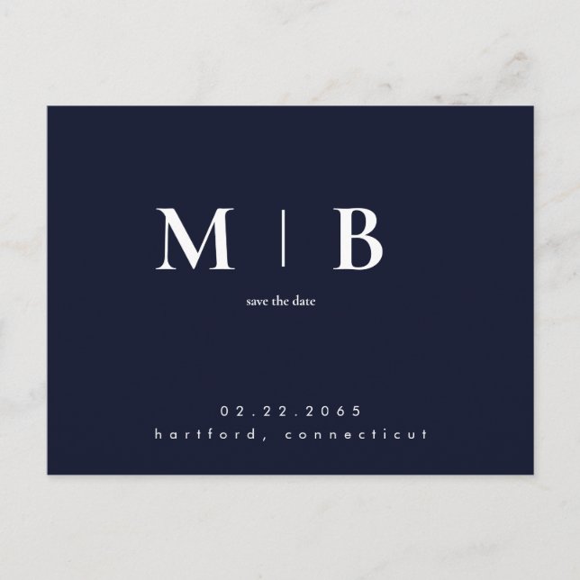 Navy Simple Contemporary Monogram Save the Date Postkarte (Vorderseite)