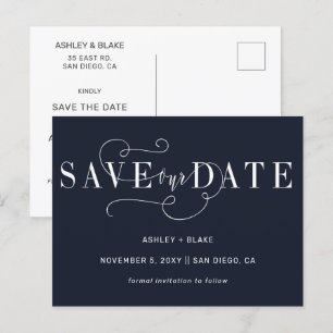 Navy Simple Handwriting Calligraphy Save the Date Ankündigungspostkarte