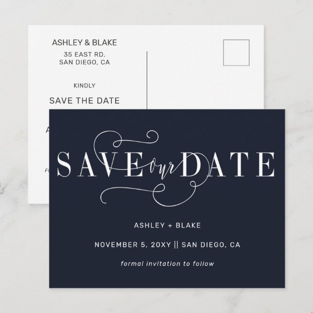 Navy Simple Handwriting Calligraphy Save the Date Ankündigungspostkarte (Vorne/Hinten)