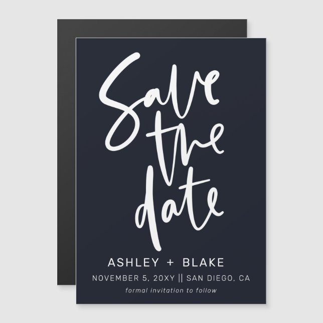 Navy Simple Handwriting Calligraphy Save the Date Magneteinladung (Vorne/Hinten)