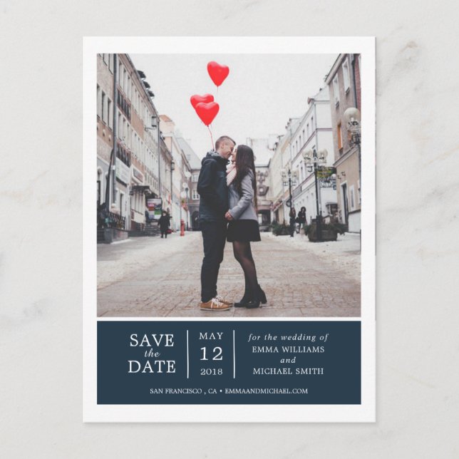 Navy Simple & Modern Foto Save the Date Ankündigungspostkarte (Vorderseite)
