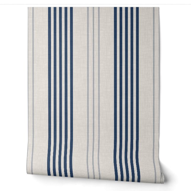 Navy Slate Ticking Stripe Linen Texture Tapete (Abrollen)