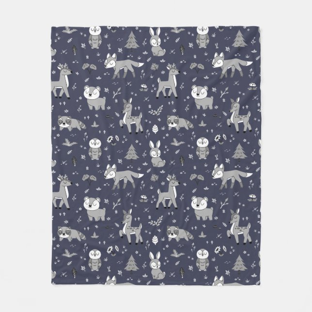 Navy Sleepy Woodland Critters Gender Neutral Fleecedecke (Vorderseite)