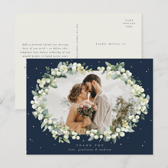 Navy Snowberry+Eucalyptus Wedding Danke Foto Postkarte (Vorne/Hinten)