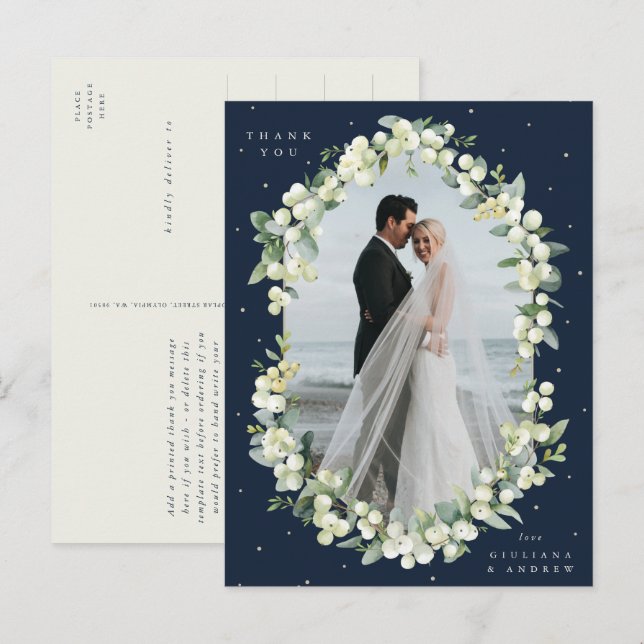 Navy Snowberry+Eucalyptus Wedding Danke Foto Postkarte (Vorne/Hinten)
