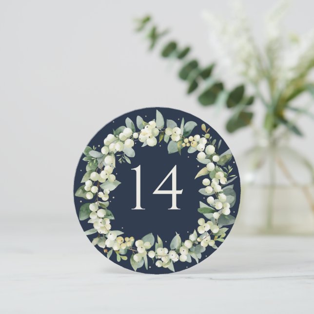 Navy Snowberry+Eucalyptus Wedding Tischnummer (Stehend Vorderseite)