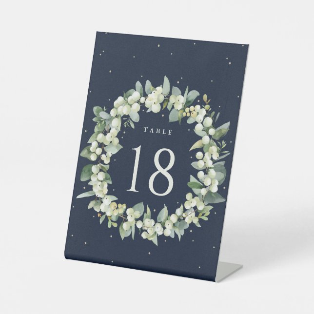 Navy Snowberry+Eucalyptus Wedding Tischnummer Sockelschild (Vorderseite)