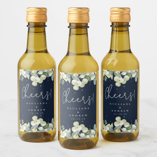 Navy Snowberry+Eucalyptus Winter Wedding Mini Weinetikett (Flaschen)