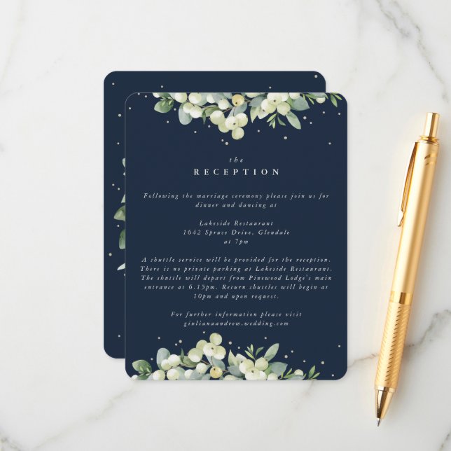 Navy Snowberry+Eukalyptus feierte Hochzeitsempfang Begleitkarte (Vorderseite/Rückseite Beispiel)