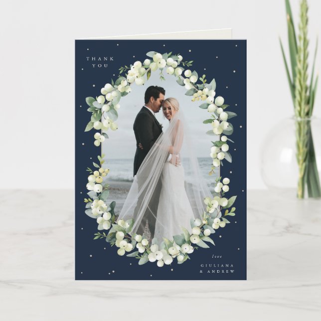 Navy Snowberry+Eukalyptus Wedding Foto geklappt Dankeskarte (Vorderseite)