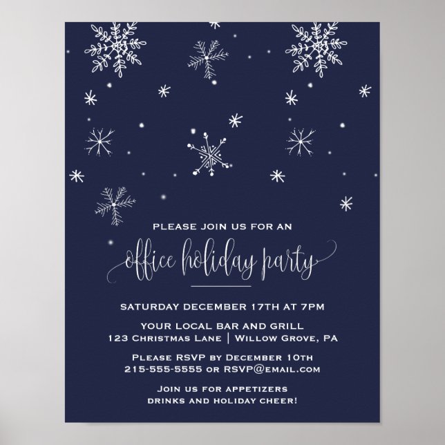 Navy Snowflake Company Weihnachten Party Einladung Poster (Vorne)