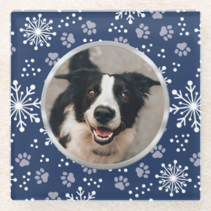 Navy Snowflake Paw Muster Pet Foto Glasuntersetzer