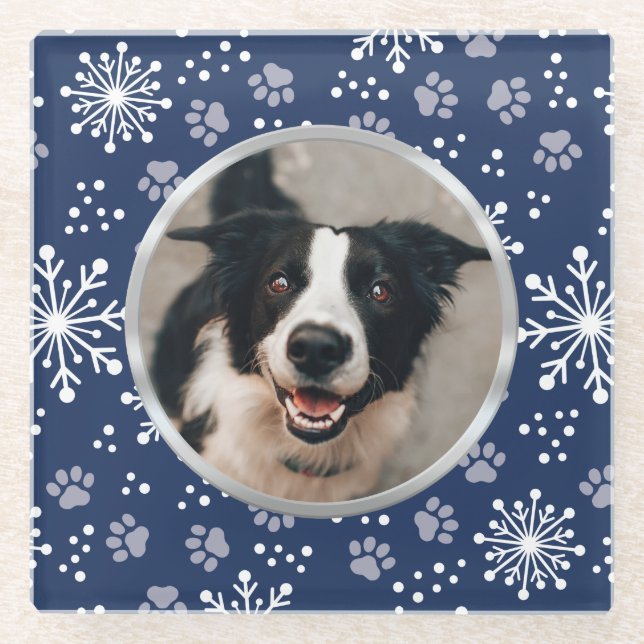Navy Snowflake Paw Muster Pet Foto Glasuntersetzer (Vorderseite)