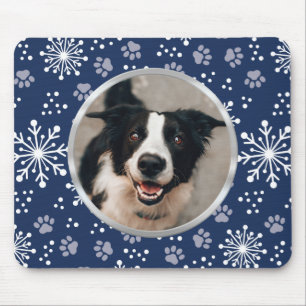 Navy Snowflake Paw Muster Pet Foto Mousepad