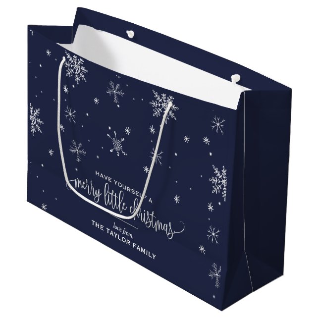Navy Snowflake Weihnachten Große Geschenktüte (Vorderseite Schrägansicht)