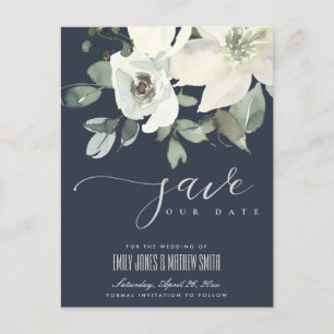 NAVY SOFT IVORY WHITE FLORAL BUNCH SAVE THE DATE ANKÜNDIGUNGSPOSTKARTE