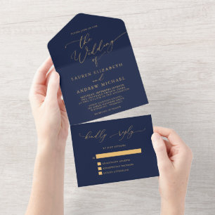 Navy Sonnenblume Gold Gelbe Minimalistische Hochze All In One Einladung