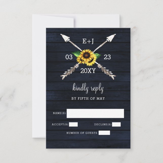 Navy Sonnenblumen Barnholz Land schicke Hochzeit RSVP Karte (Vorderseite)