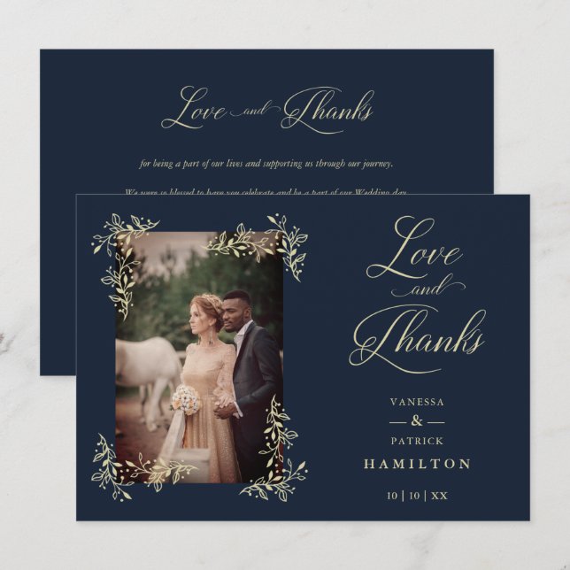 Navy Sophisticated Flourish Photo Wedding Love and Dankeskarte (Vorne/Hinten)