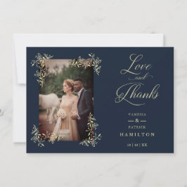 Navy Sophisticated Flourish Photo Wedding Love and Dankeskarte
