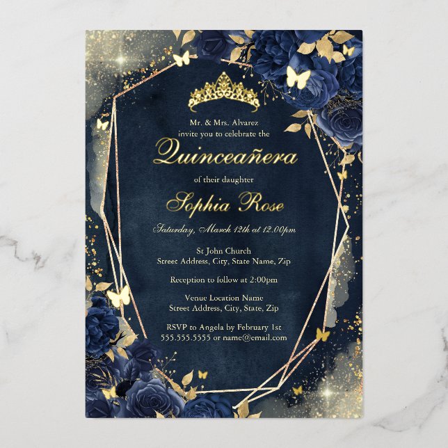 Navy Sparkle Gold Floral Butterfly Quinceanera Folieneinladung (Vorderseite)