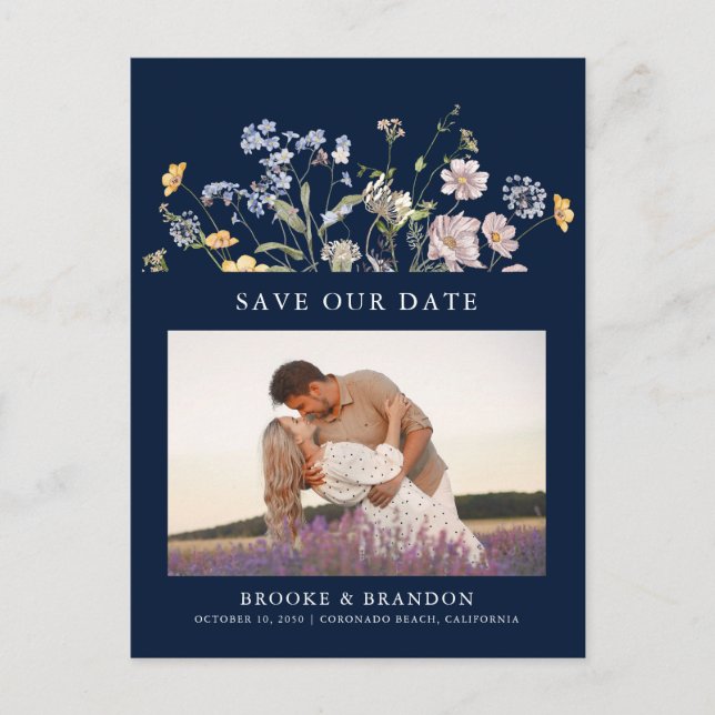 Navy Spring Wildblume Meadow Save the Date Postkarte (Vorderseite)
