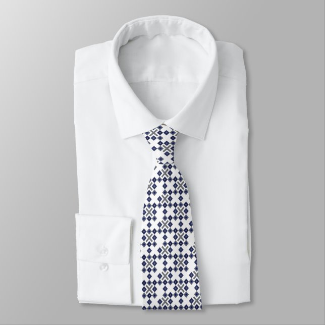 Navy Square Pattern Neck Tie Krawatte (Gebunden)