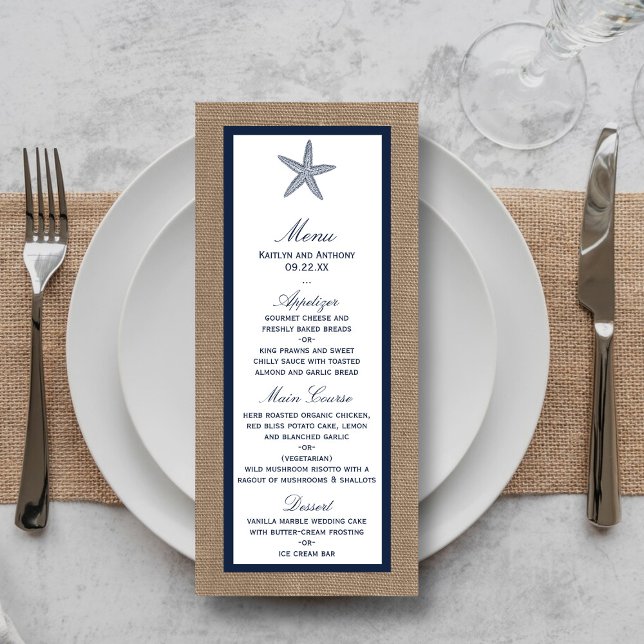 Navy Starfish Burlap Beach Wedding Menu (Créateur téléchargé)