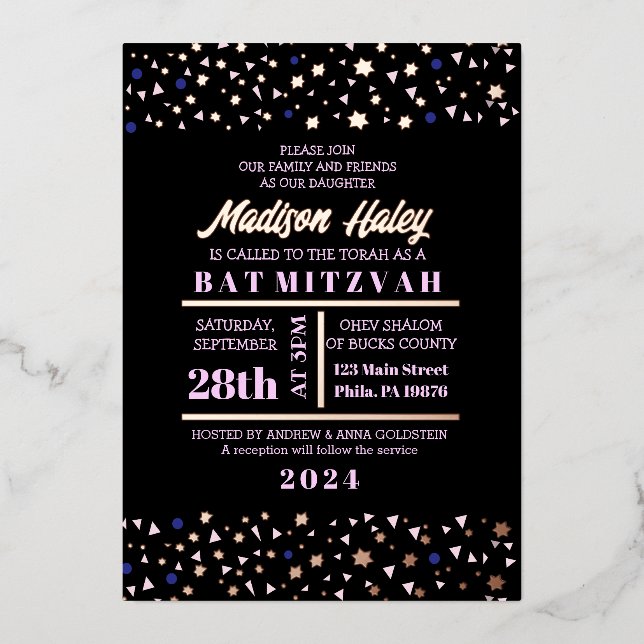 Navy Stars Bar Bat Mitzvah Einladung Gold Inlay (Vorderseite)