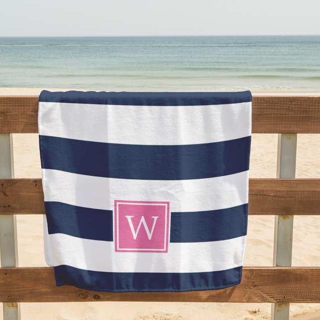 Navy Strip & Pink Monogram Strandtuch (Von Creator hochgeladen)