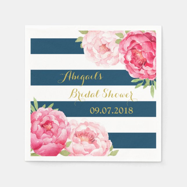 Navy Strip Pink Wasserfarbe Brautparty Napkins Serviette (Vorderseite)