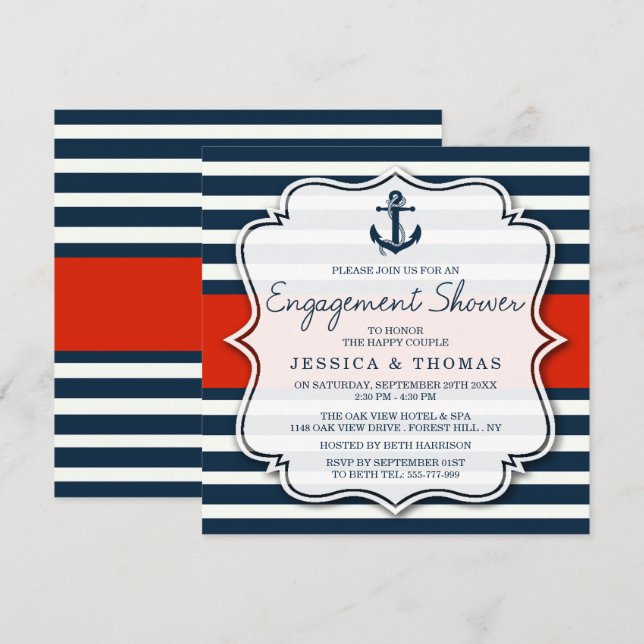 Navy Stripe Nautical Anchor Verlobung Dusche Einladung (Vorne/Hinten)