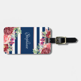 Navy Stripes Burgundy Blush Floral Monogram Gepäckanhänger