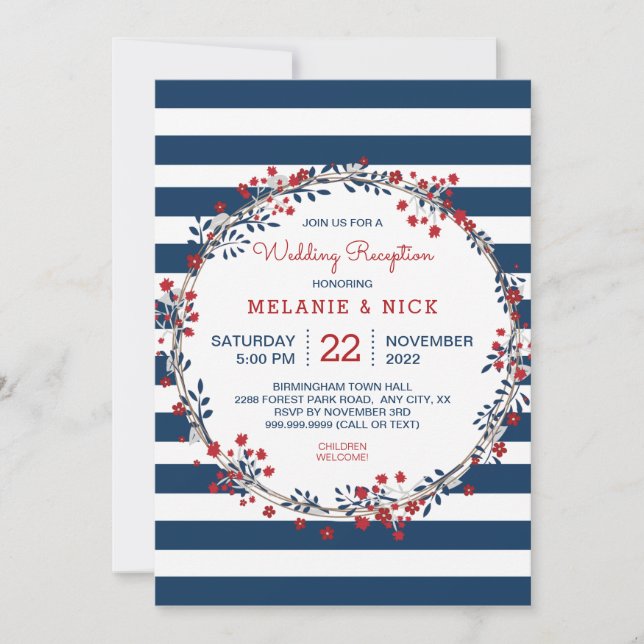 Navy Stripes fête de mariage florale invitation (Devant)