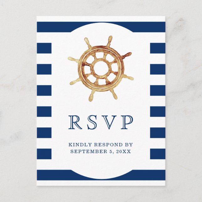 Navy Stripes Lenkrad Nautical Wedding RSVP Postkarte (Vorderseite)