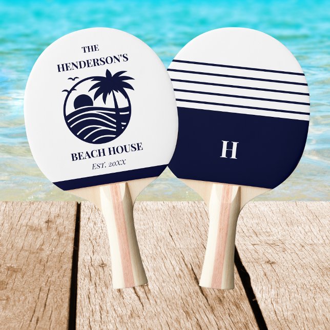 Navy Stripes Palm Tree Monogram Family Coastal Tischtennis Schläger (Von Creator hochgeladen)