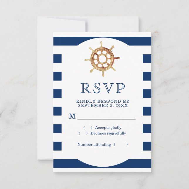 Navy Stripes Wasserfarbe Lenkrad nautisch RSVP Karte (Vorderseite)