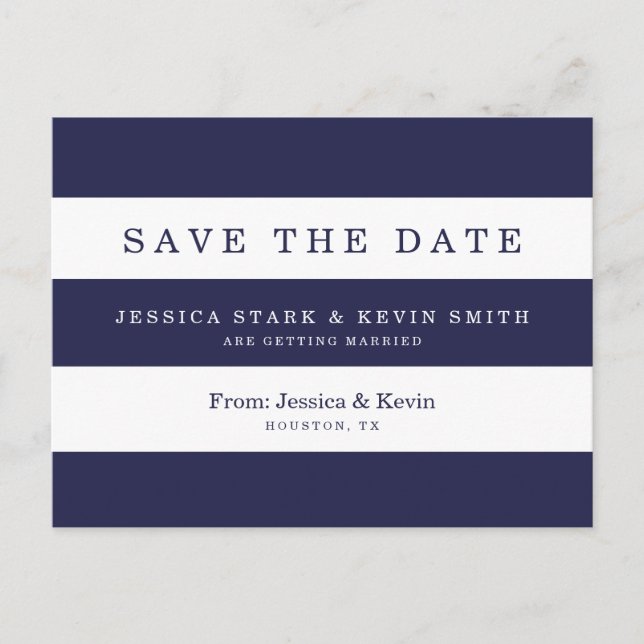Navy Stripes Wedding Save the Date Postcard Ankündigungspostkarte (Vorderseite)