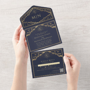 Navy Sun Moon Tarot Card QR Code Wedite Einladung