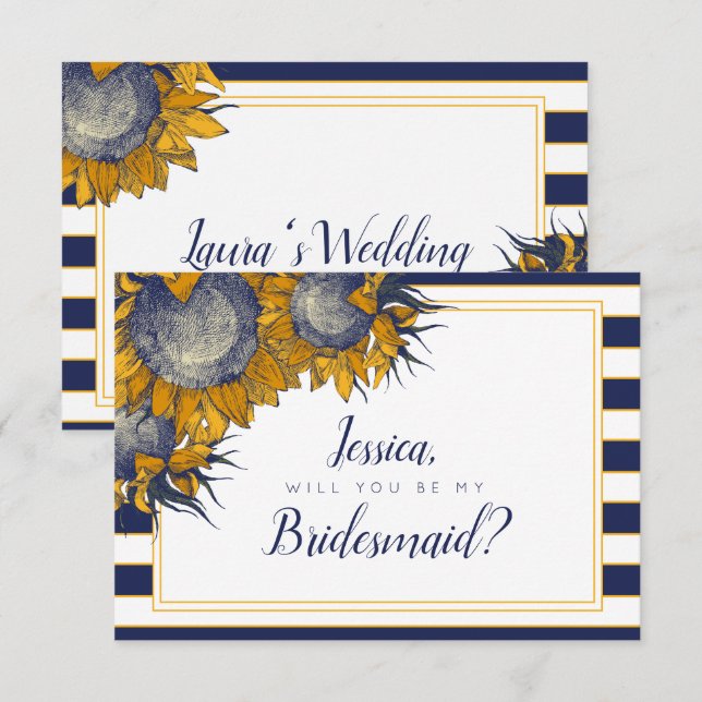 Navy Sunflower Bridesmaid Card Einladung (Vorne/Hinten)